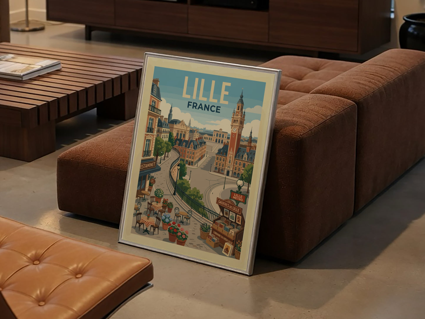 Lille France travel poster featuring cityscape, clock tower, and cafes in a warm, illustrative style.