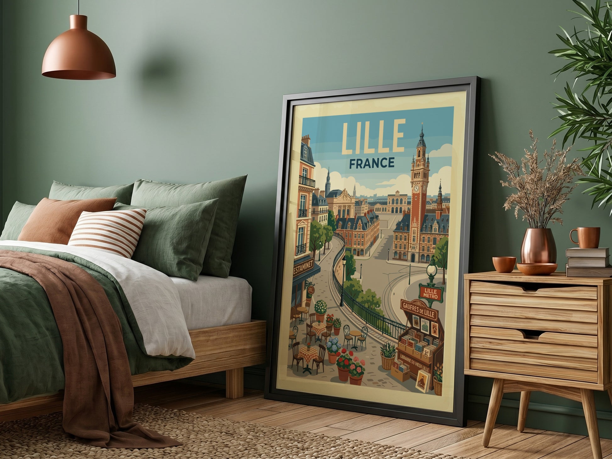 Lille France travel poster featuring cityscape, clock tower, and cafes in a warm, illustrative style.