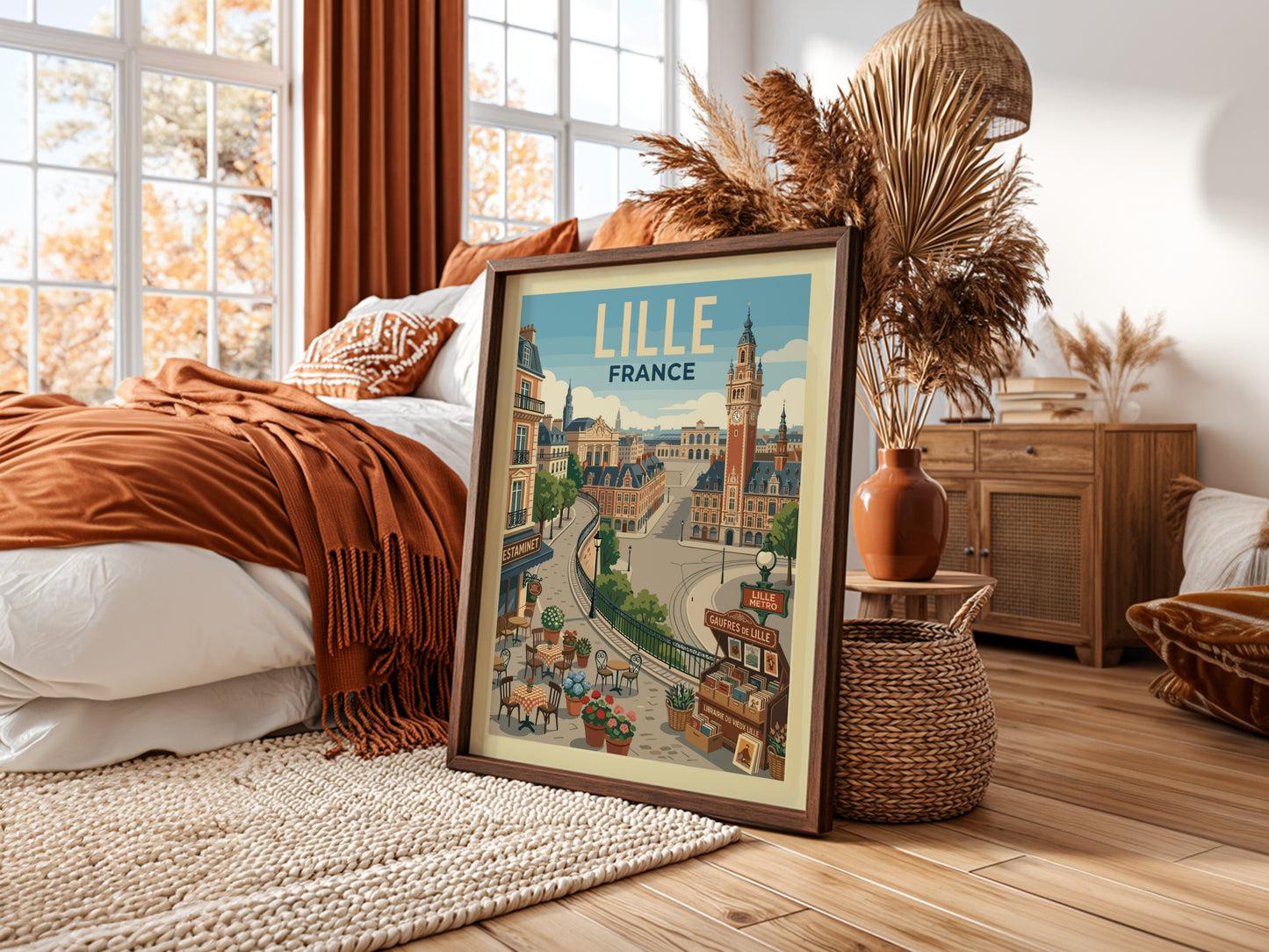 Lille France travel poster featuring cityscape, clock tower, and cafes in a warm, illustrative style.