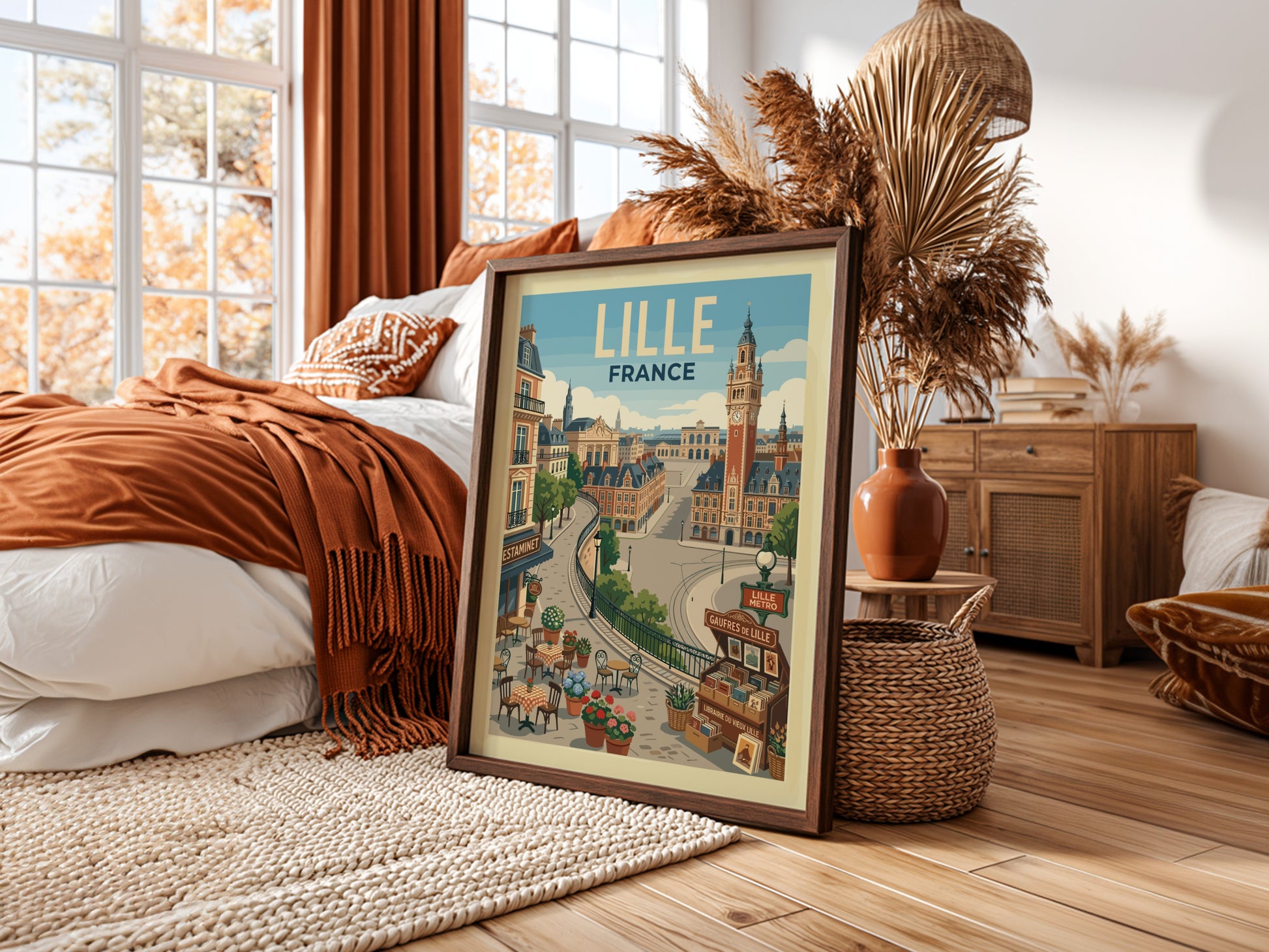 Lille France travel poster featuring cityscape, clock tower, and cafes in a warm, illustrative style.