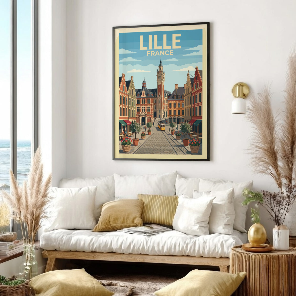 Lille France travel poster featuring historic brick buildings, a tram, and cobblestone streets.