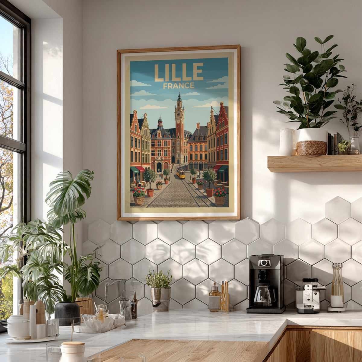 Lille France travel poster featuring historic brick buildings, a tram, and cobblestone streets.