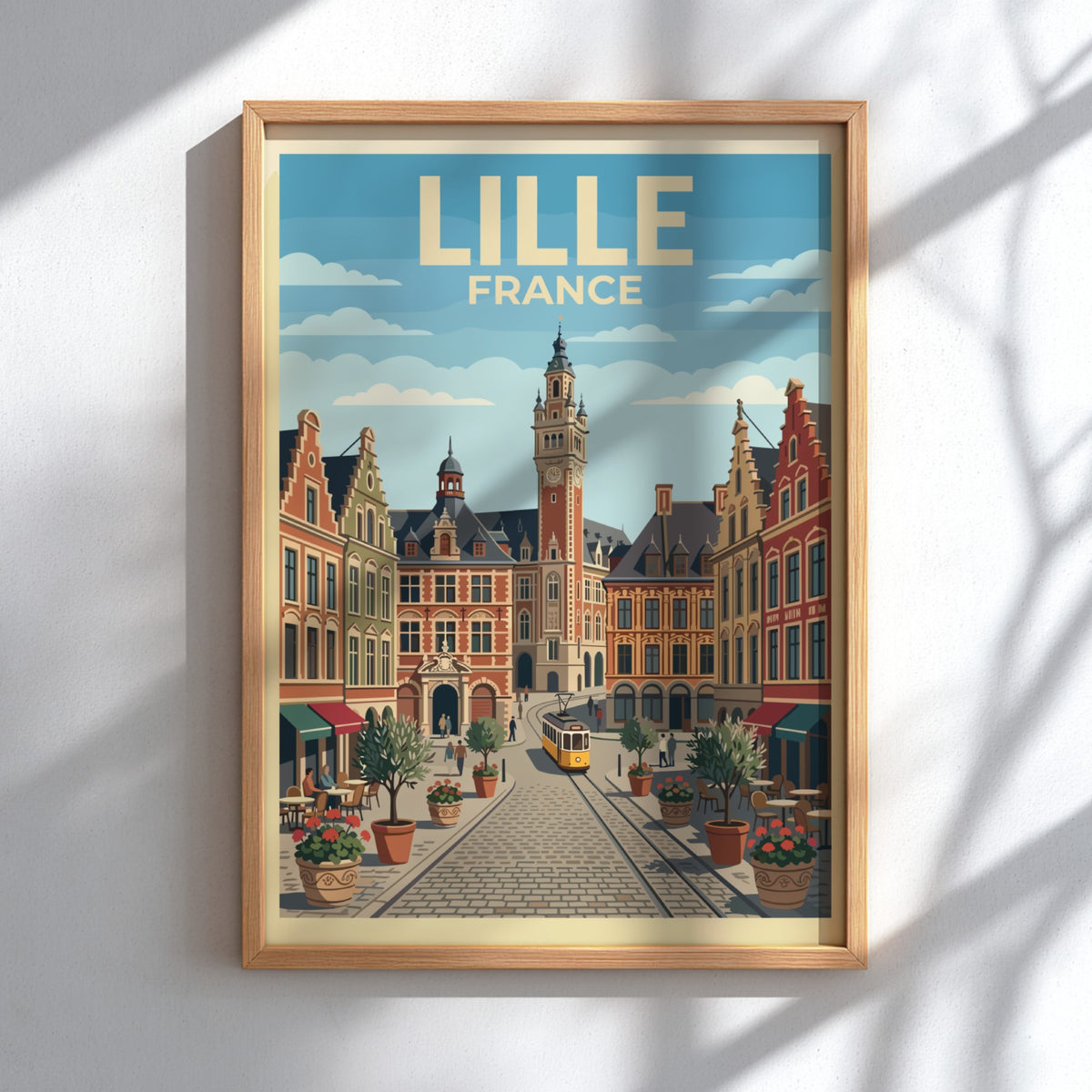 Lille France travel poster featuring historic brick buildings, a tram, and cobblestone streets.