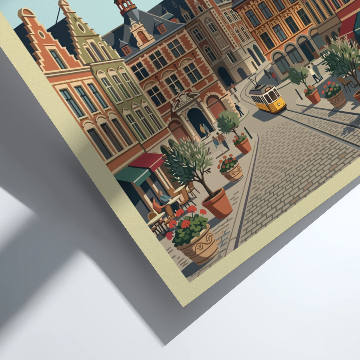 Lille France travel poster featuring historic brick buildings, a tram, and cobblestone streets.