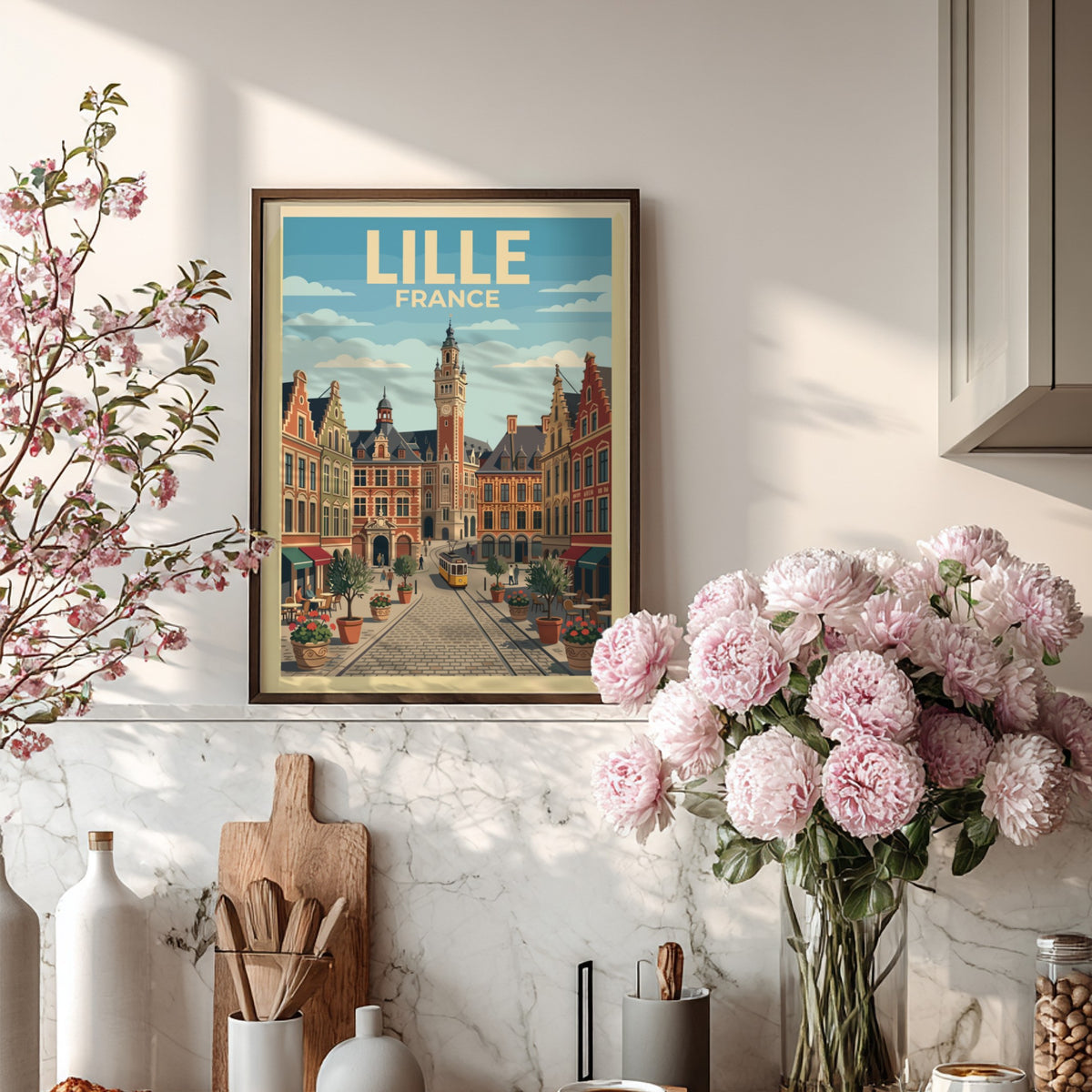 Lille France travel poster featuring historic brick buildings, a tram, and cobblestone streets.