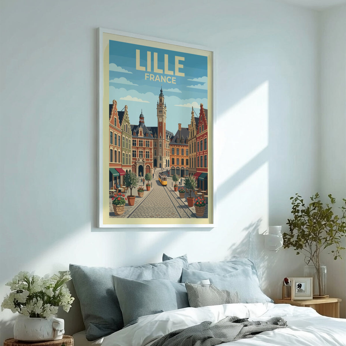 Lille France travel poster featuring historic brick buildings, a tram, and cobblestone streets.