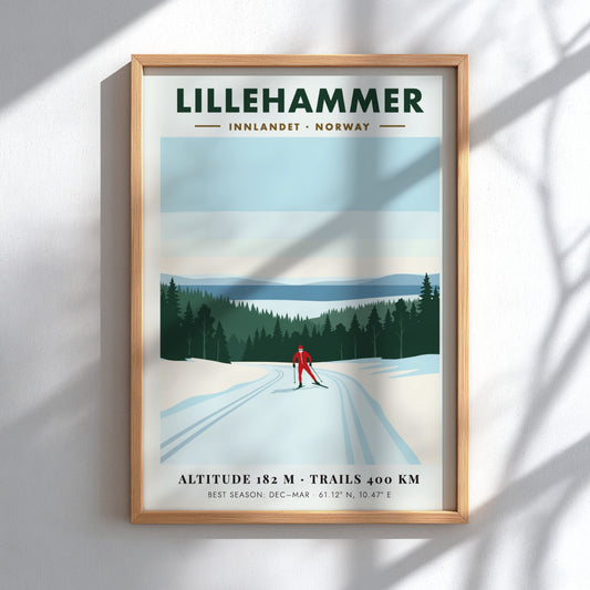 Poster of a lone skier in Lillehammer Norway with pine trees and mountains