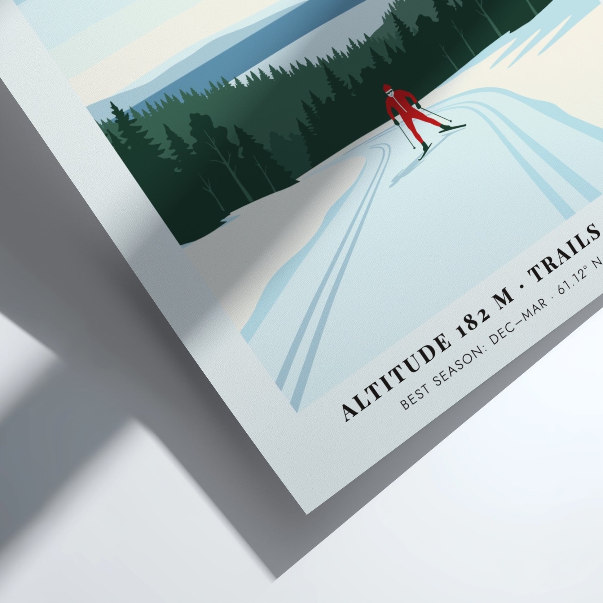 Poster of a lone skier in Lillehammer Norway with pine trees and mountains