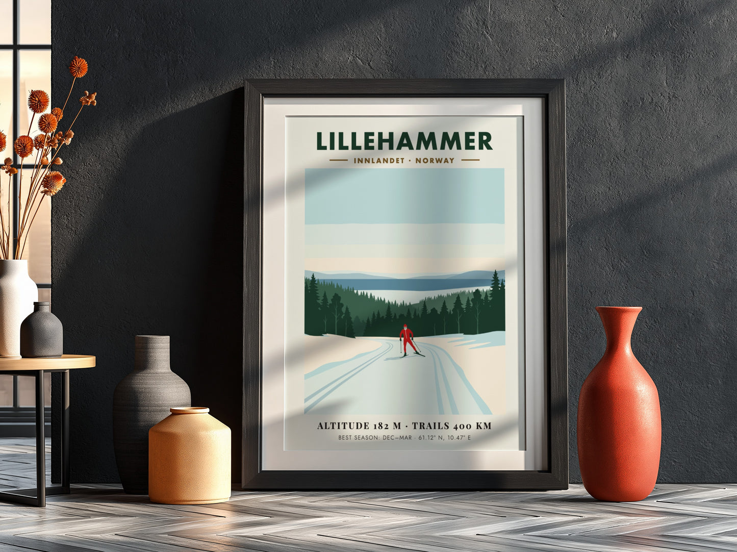 Poster of a lone skier in Lillehammer Norway with pine trees and mountains