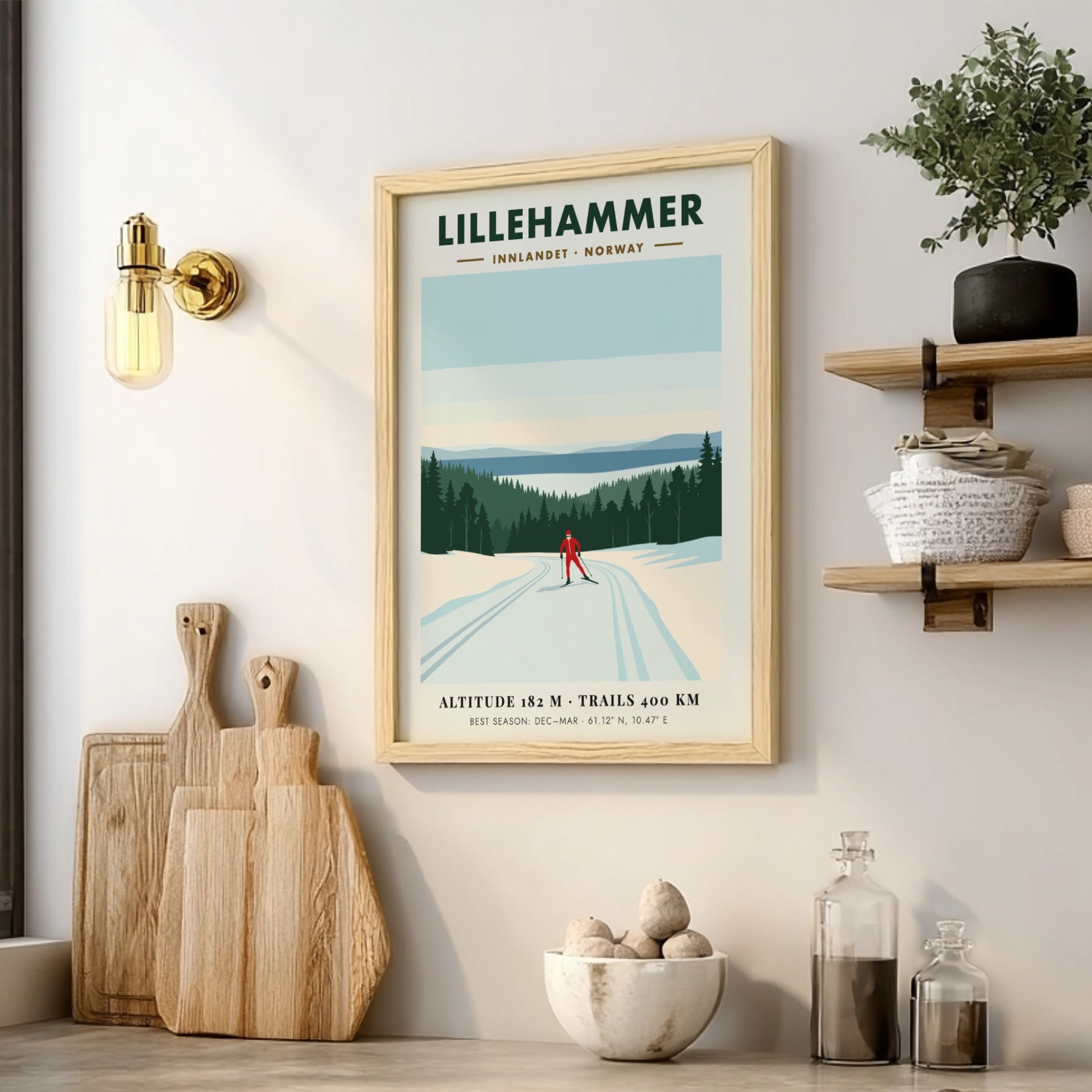 Poster of a lone skier in Lillehammer Norway with pine trees and mountains
