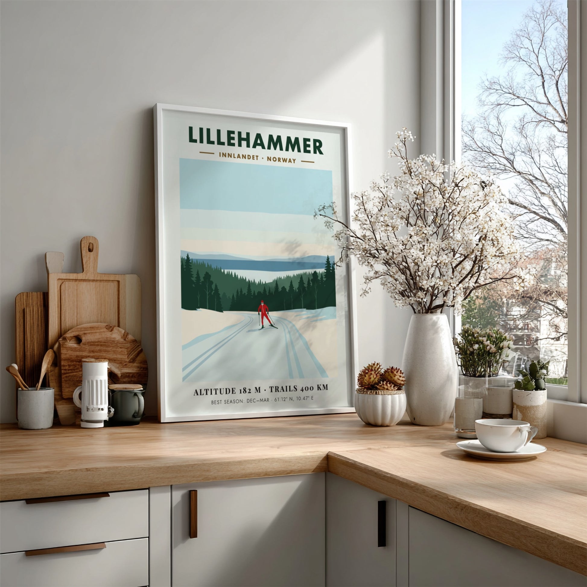 Poster of a lone skier in Lillehammer Norway with pine trees and mountains