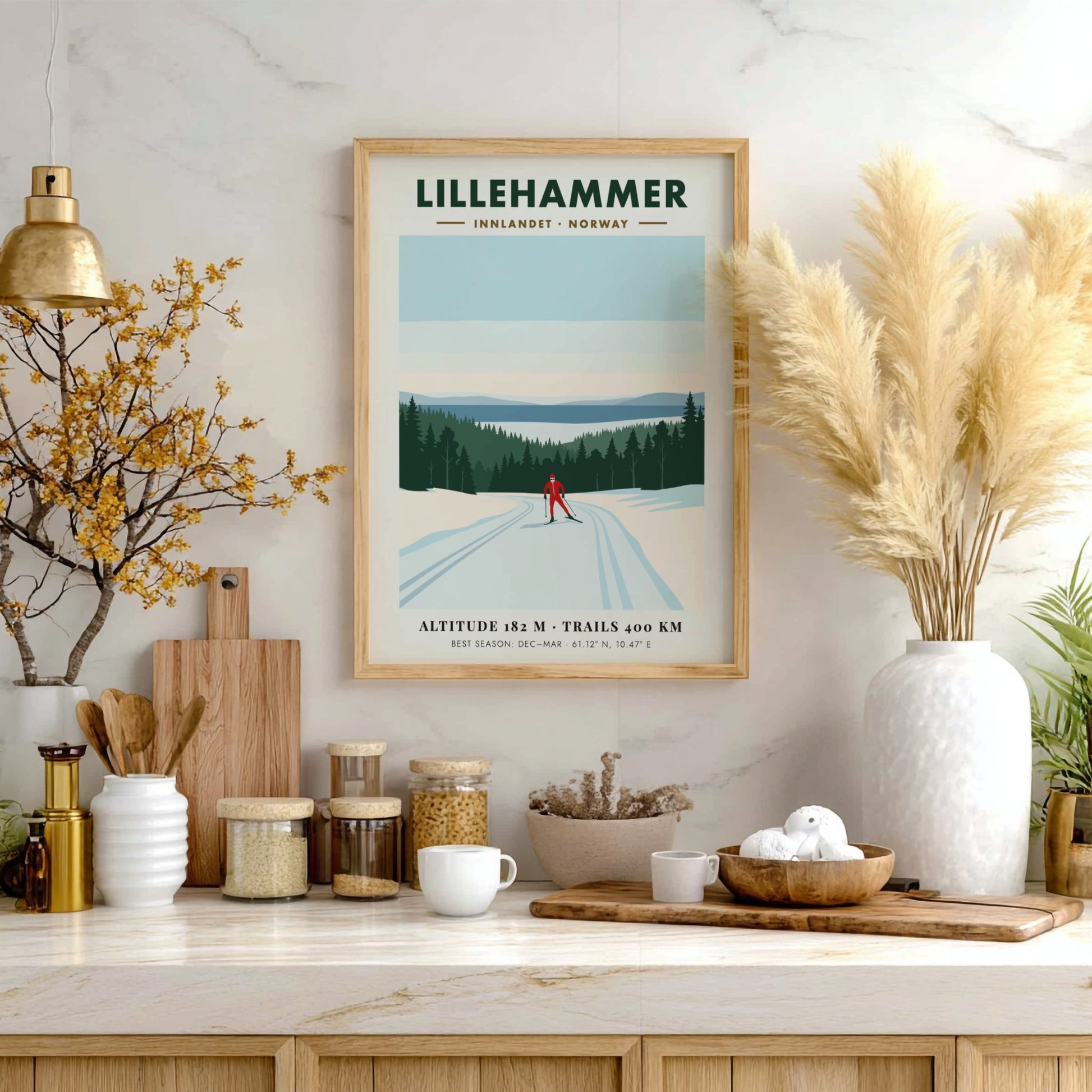 Poster of a lone skier in Lillehammer Norway with pine trees and mountains