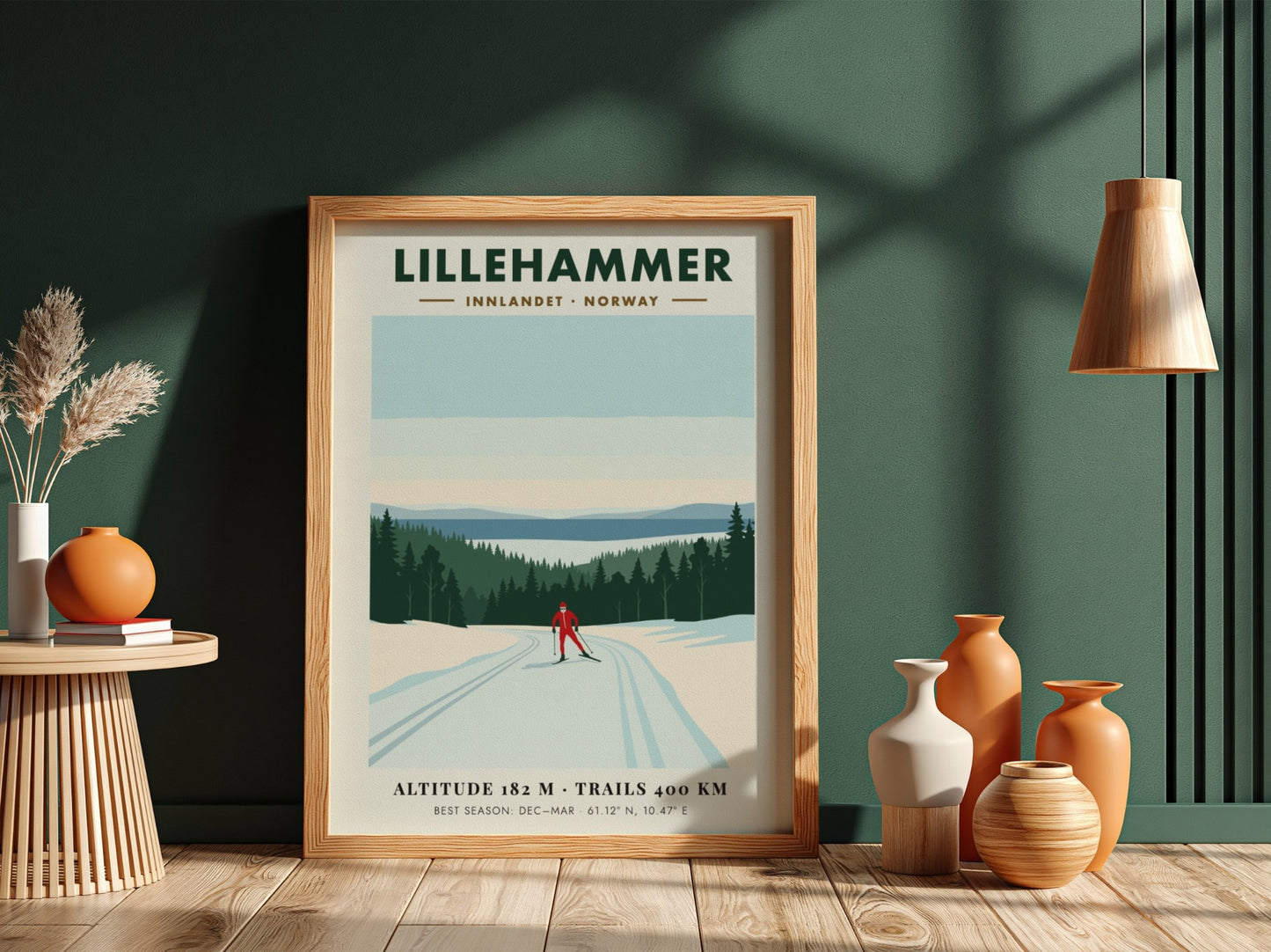 Poster of a lone skier in Lillehammer Norway with pine trees and mountains