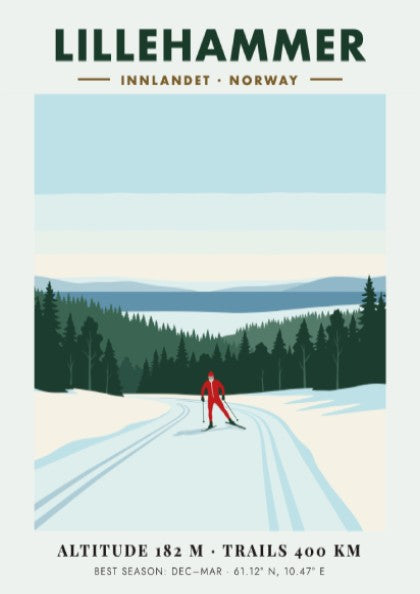 Poster of a lone skier in Lillehammer Norway with pine trees and mountains