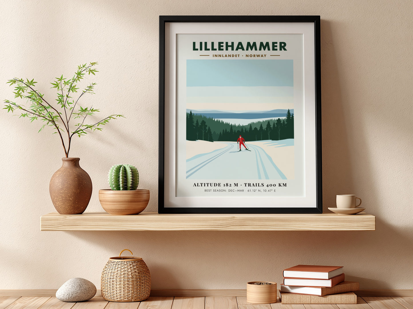 Poster of a lone skier in Lillehammer Norway with pine trees and mountains