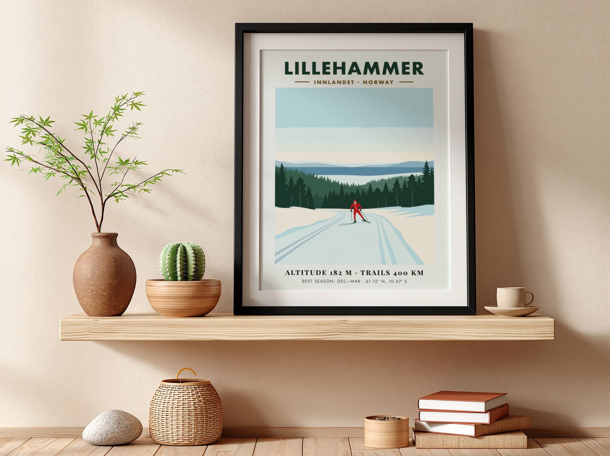 Poster of a lone skier in Lillehammer Norway with pine trees and mountains
