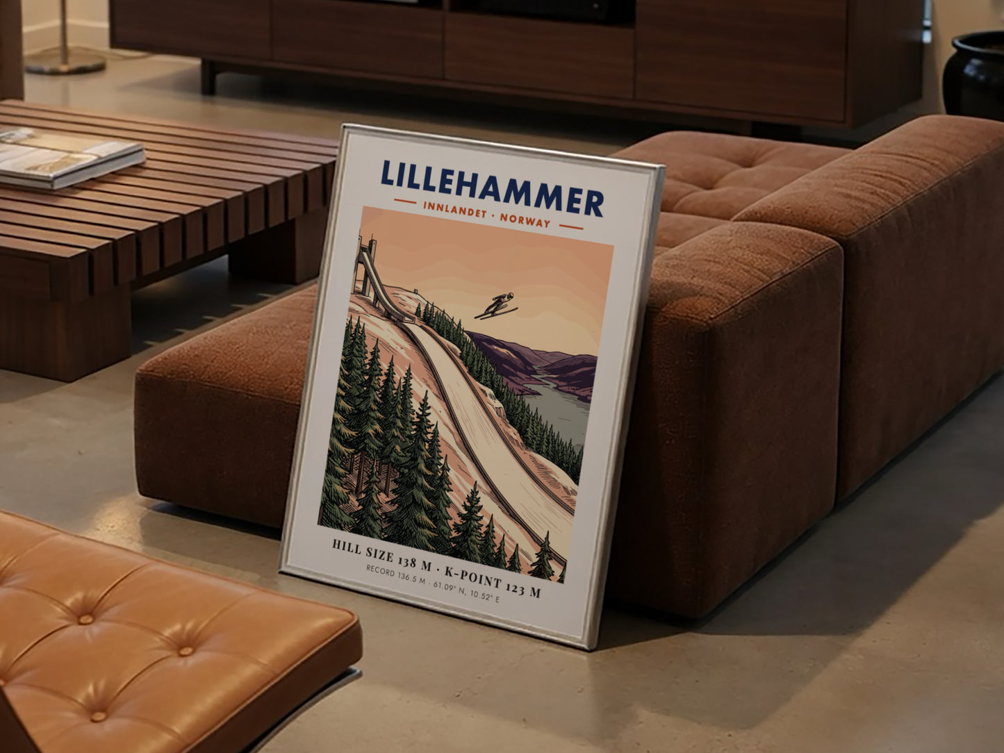 Poster of the Lillehammer ski jump with a jumper in flight over forests.