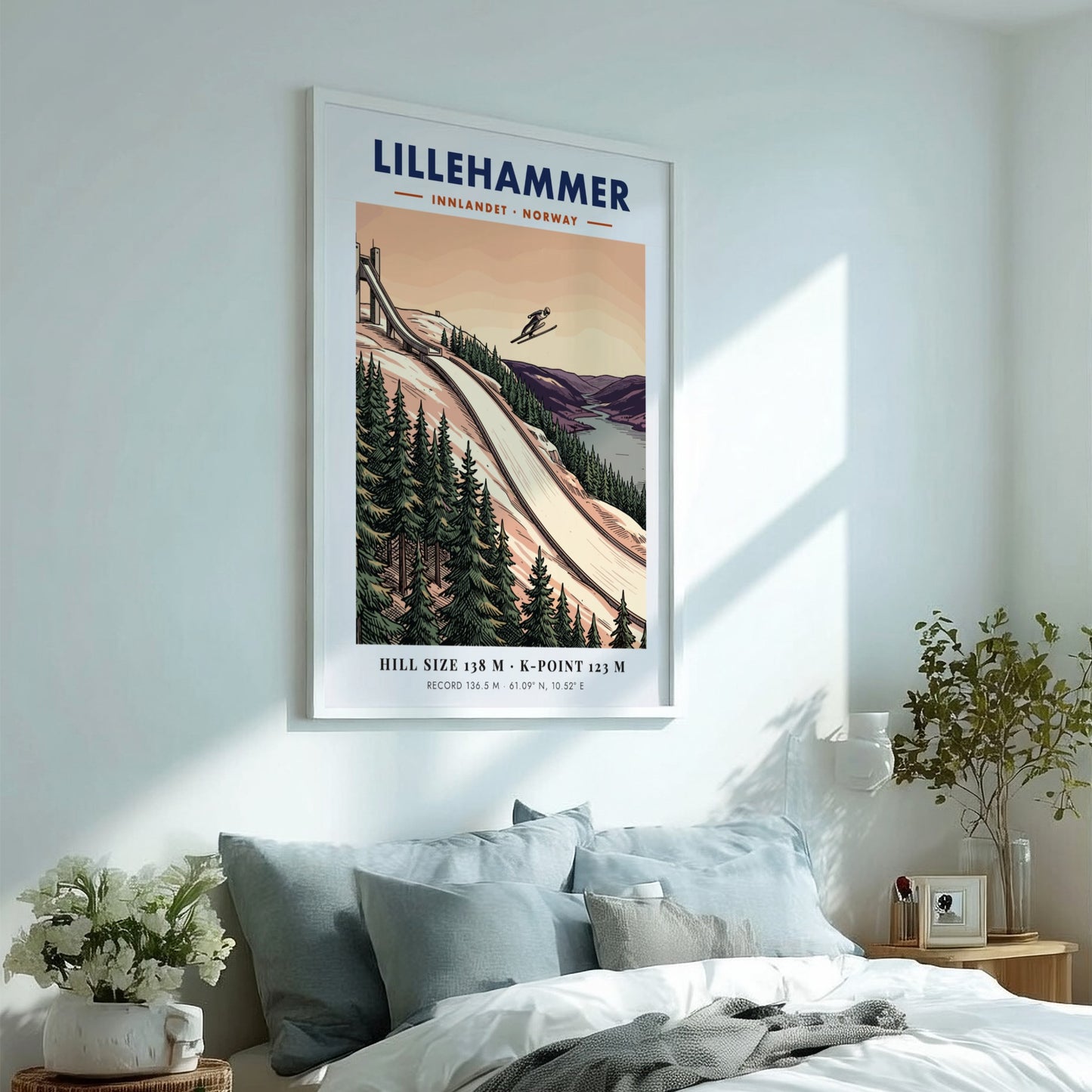 Poster of the Lillehammer ski jump with a jumper in flight over forests.