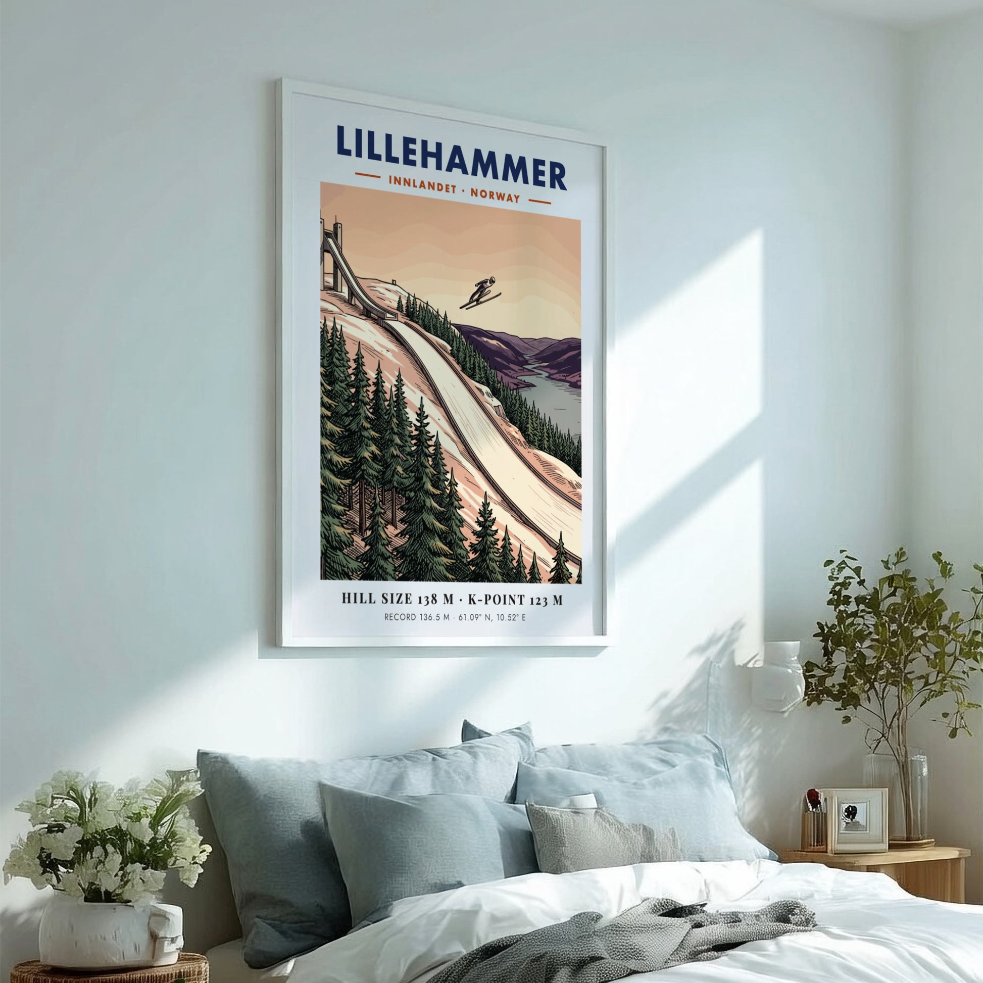Poster of the Lillehammer ski jump with a jumper in flight over forests.