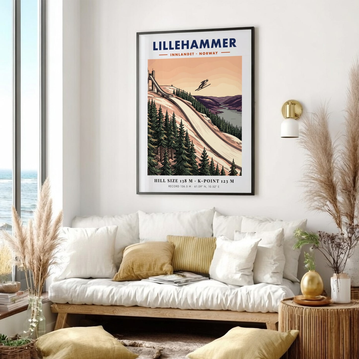 Poster of the Lillehammer ski jump with a jumper in flight over forests.