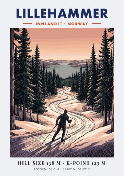 Poster of a cross-country skier on a winding snowy trail in Lillehammer Norway