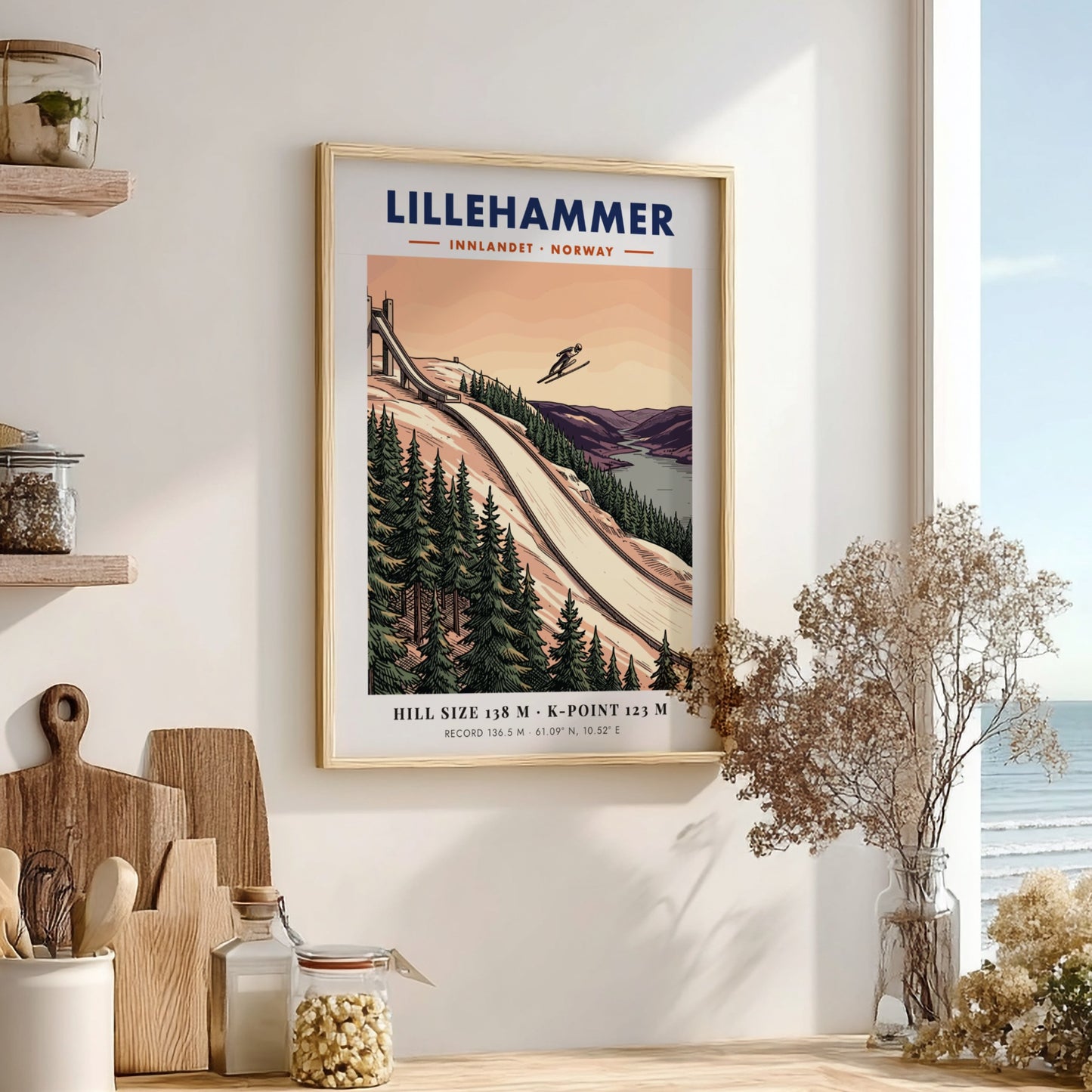 Poster of the Lillehammer ski jump with a jumper in flight over forests.