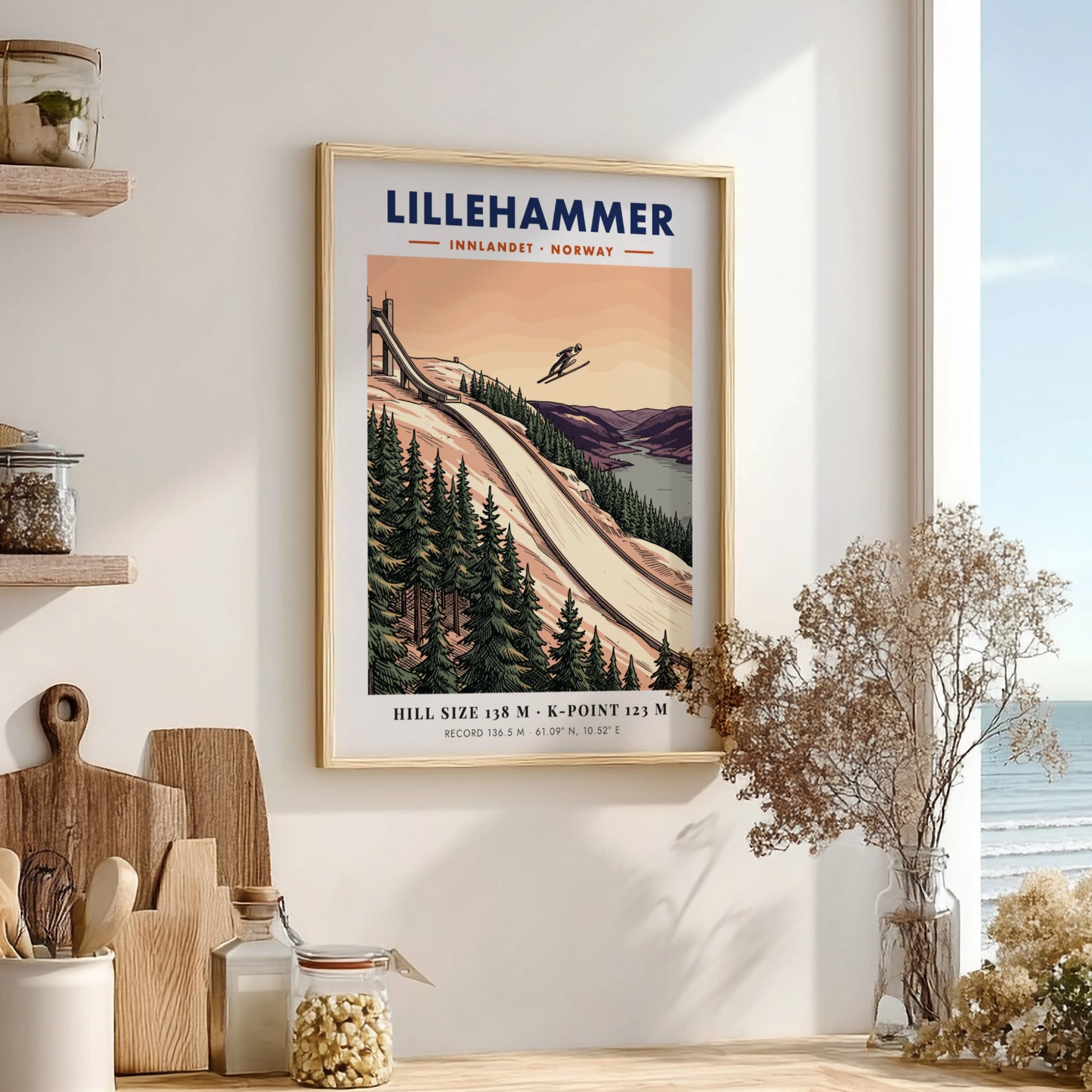 Poster of the Lillehammer ski jump with a jumper in flight over forests.