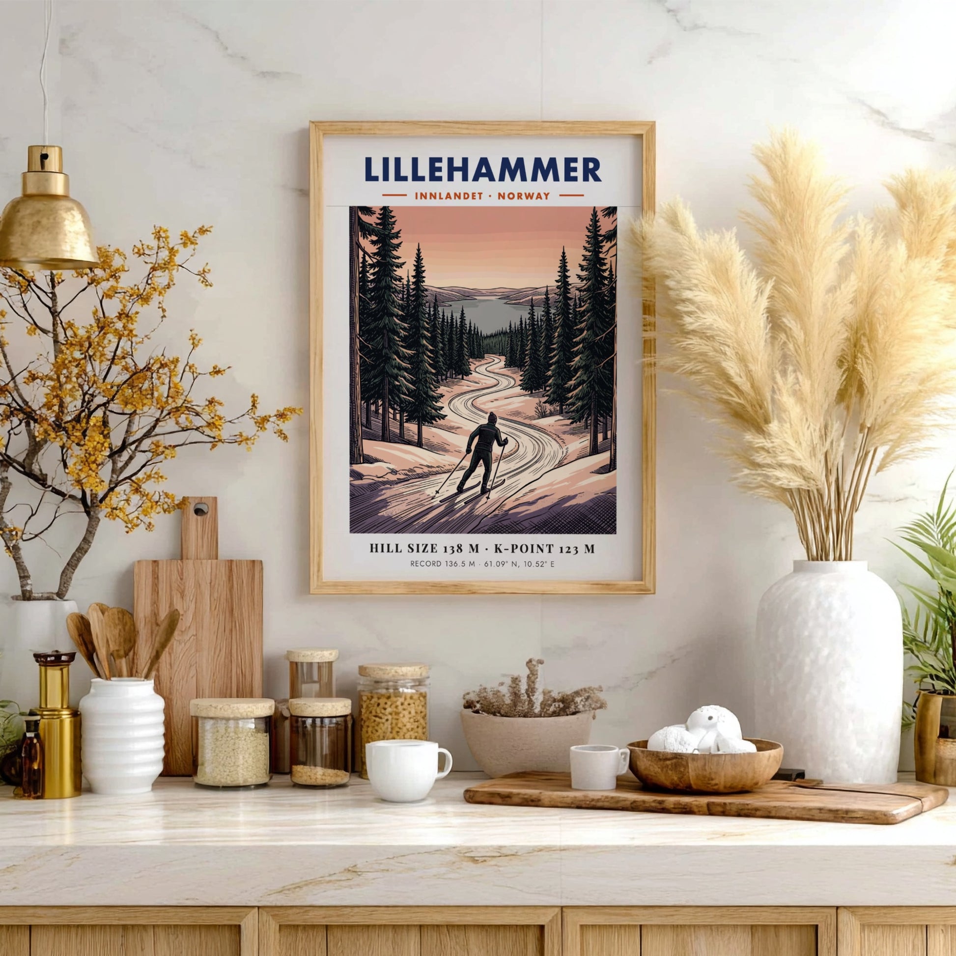 Poster of a cross-country skier on a winding snowy trail in Lillehammer Norway