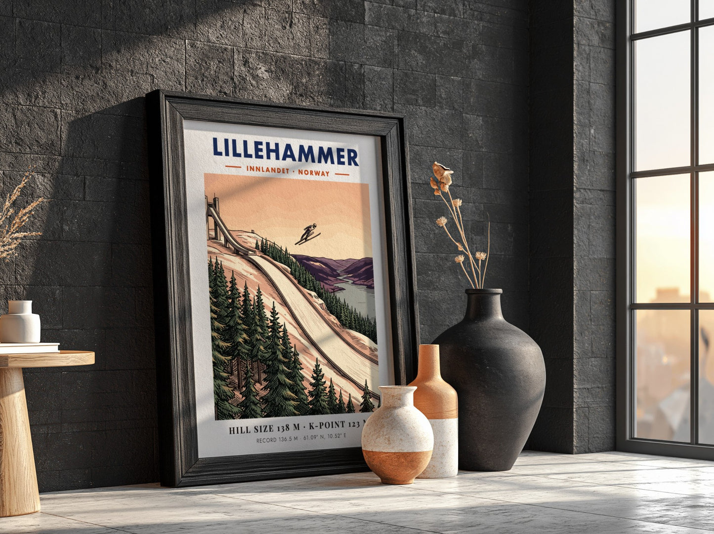 Poster of the Lillehammer ski jump with a jumper in flight over forests.