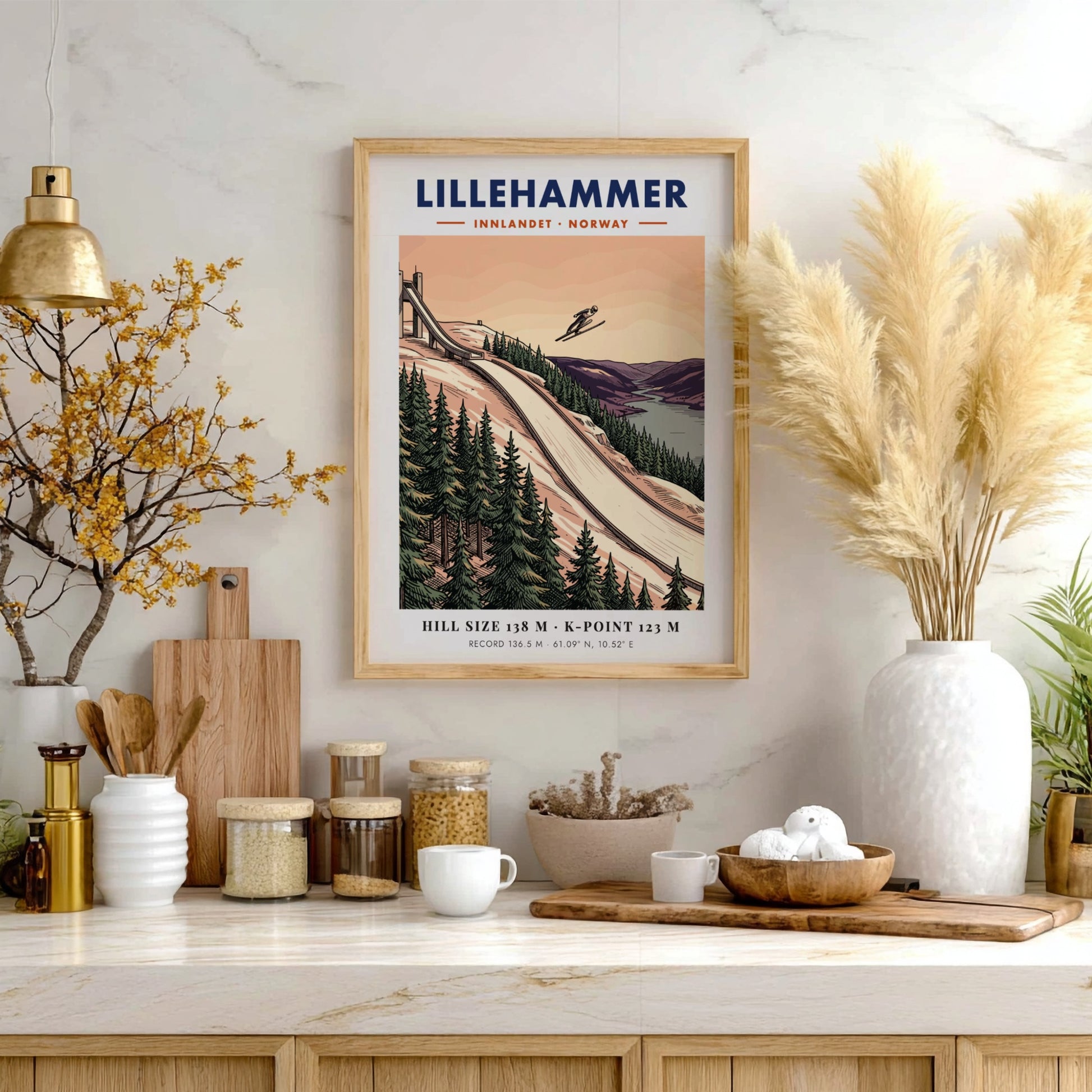Poster of the Lillehammer ski jump with a jumper in flight over forests.