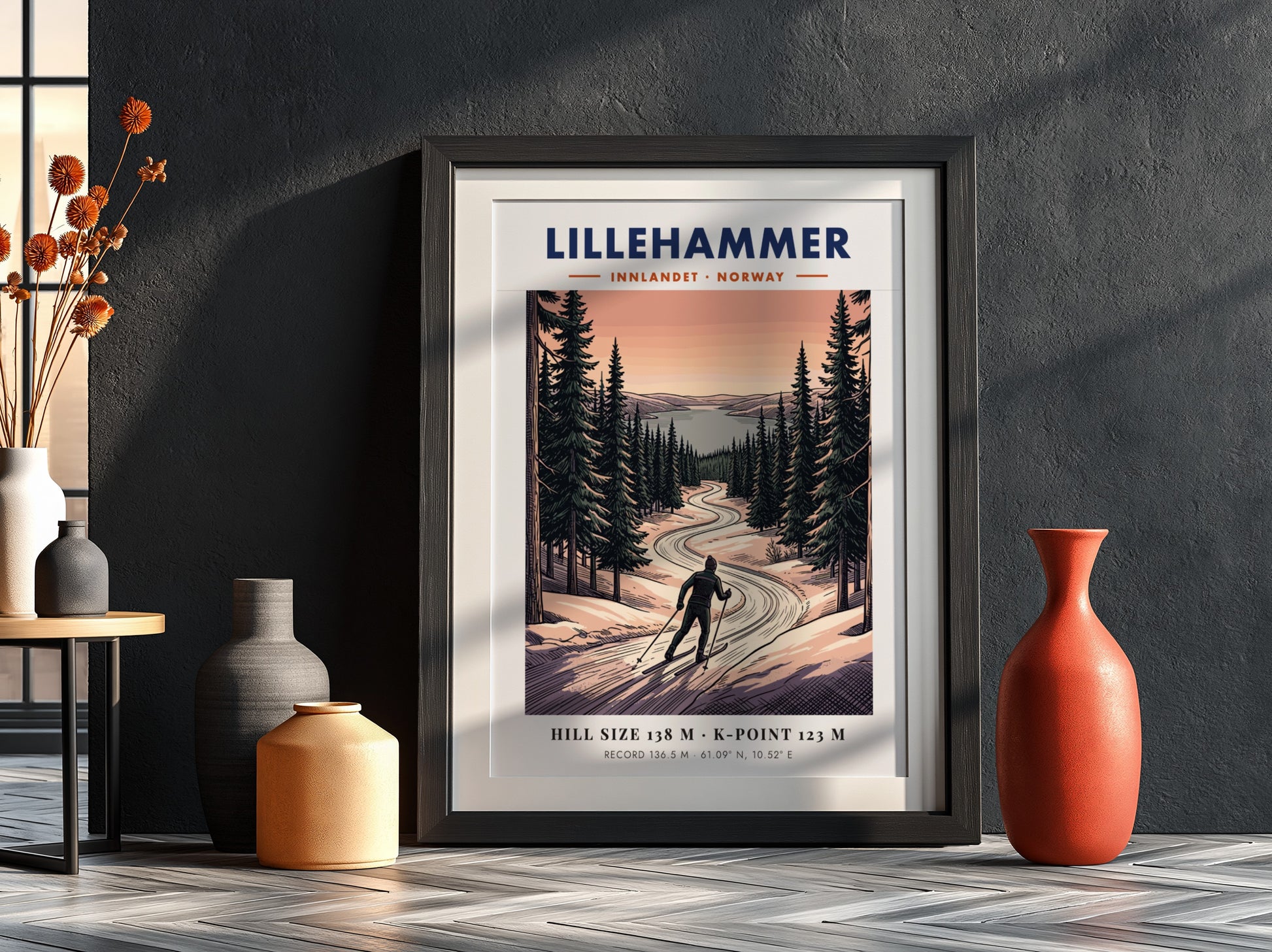 Poster of a cross-country skier on a winding snowy trail in Lillehammer Norway