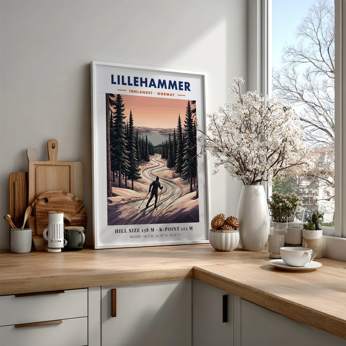 Poster of a cross-country skier on a winding snowy trail in Lillehammer Norway