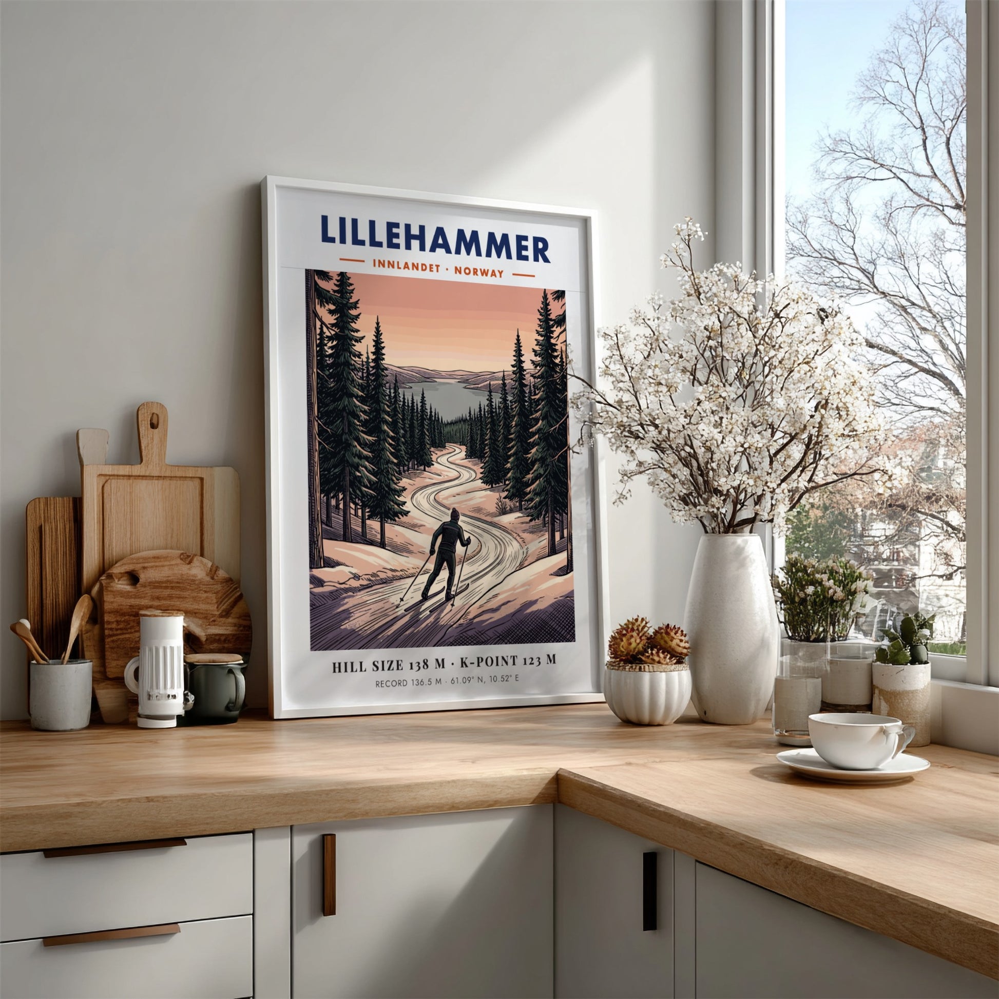 Poster of a cross-country skier on a winding snowy trail in Lillehammer Norway