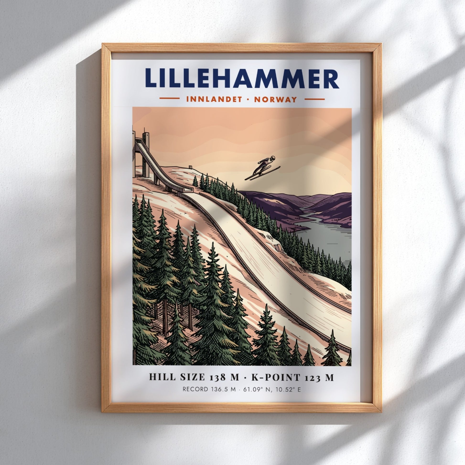 Poster of the Lillehammer ski jump with a jumper in flight over forests.