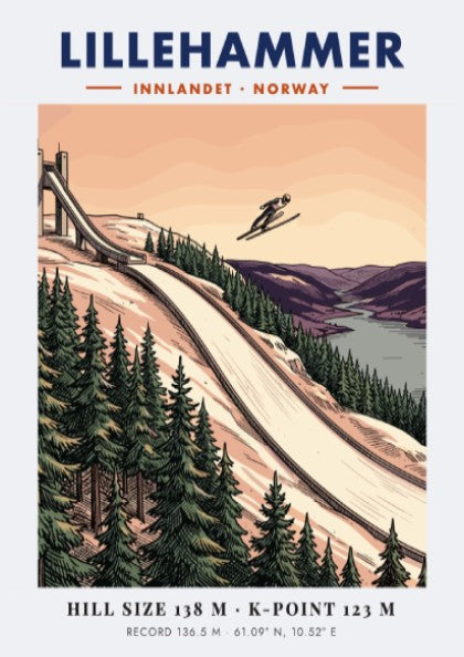 Poster of the Lillehammer ski jump with a jumper in flight over forests.