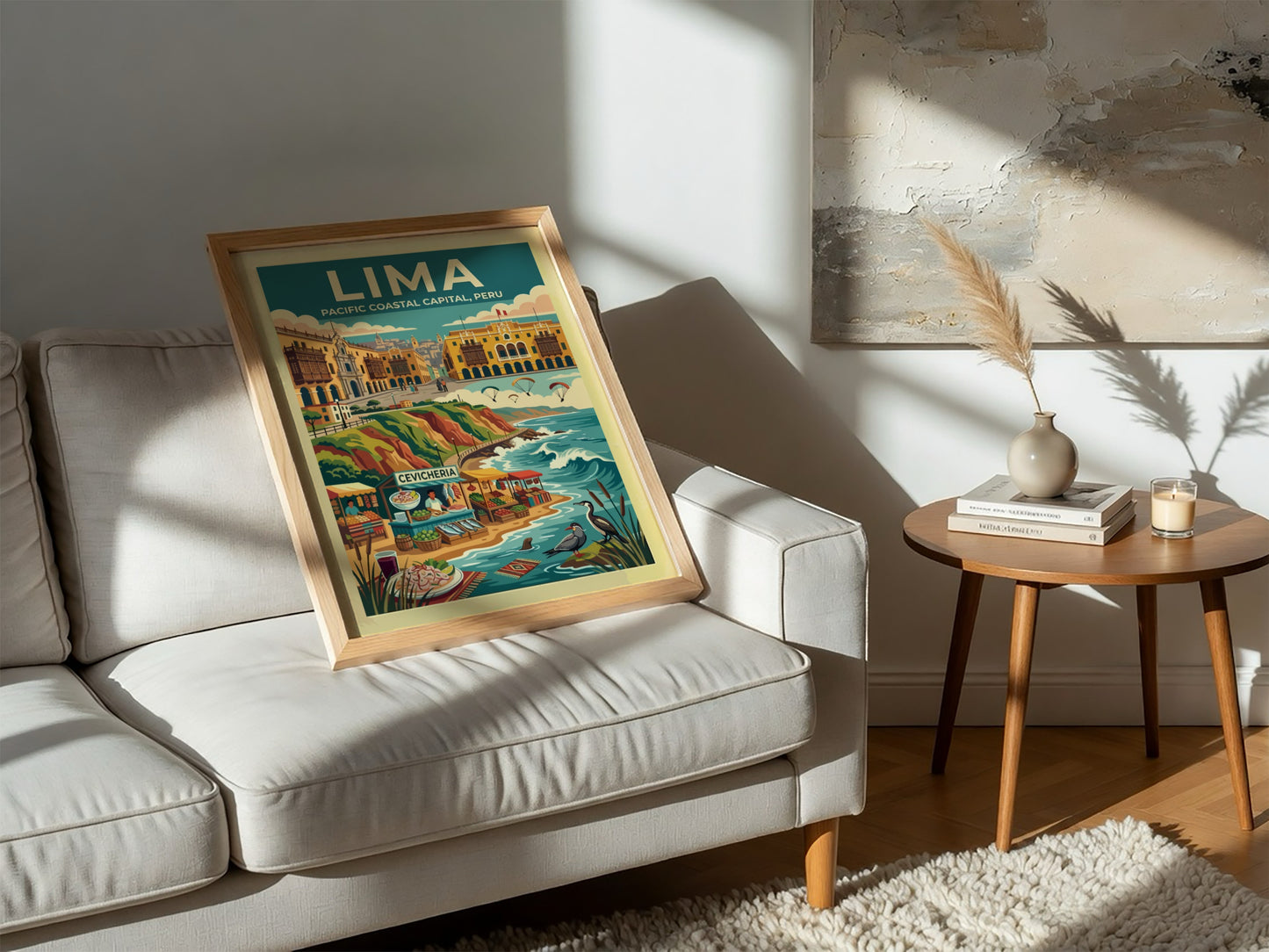 Travel poster of Lima Peru featuring a coastal market, paragliders, and historic architecture.