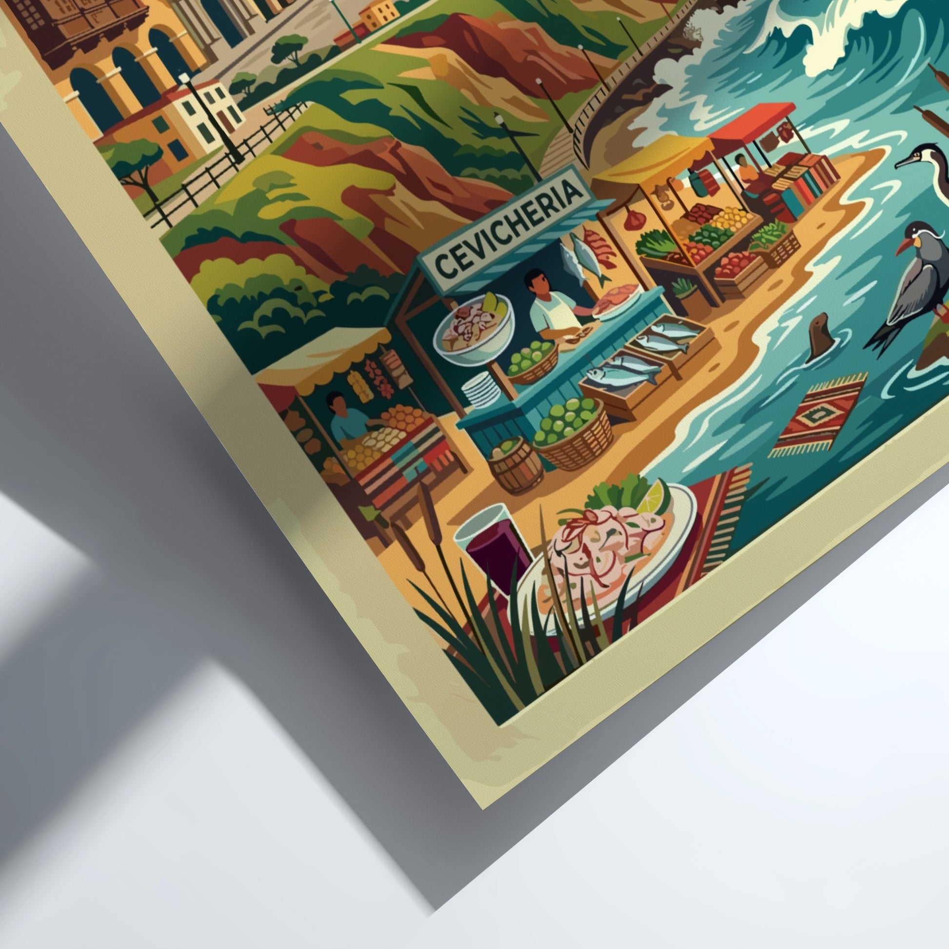 Travel poster of Lima Peru featuring a coastal market, paragliders, and historic architecture.
