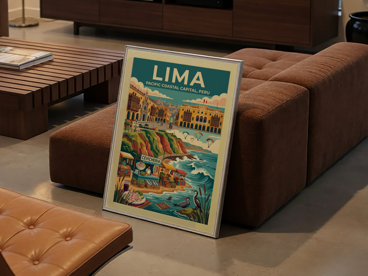 Travel poster of Lima Peru featuring a coastal market, paragliders, and historic architecture.