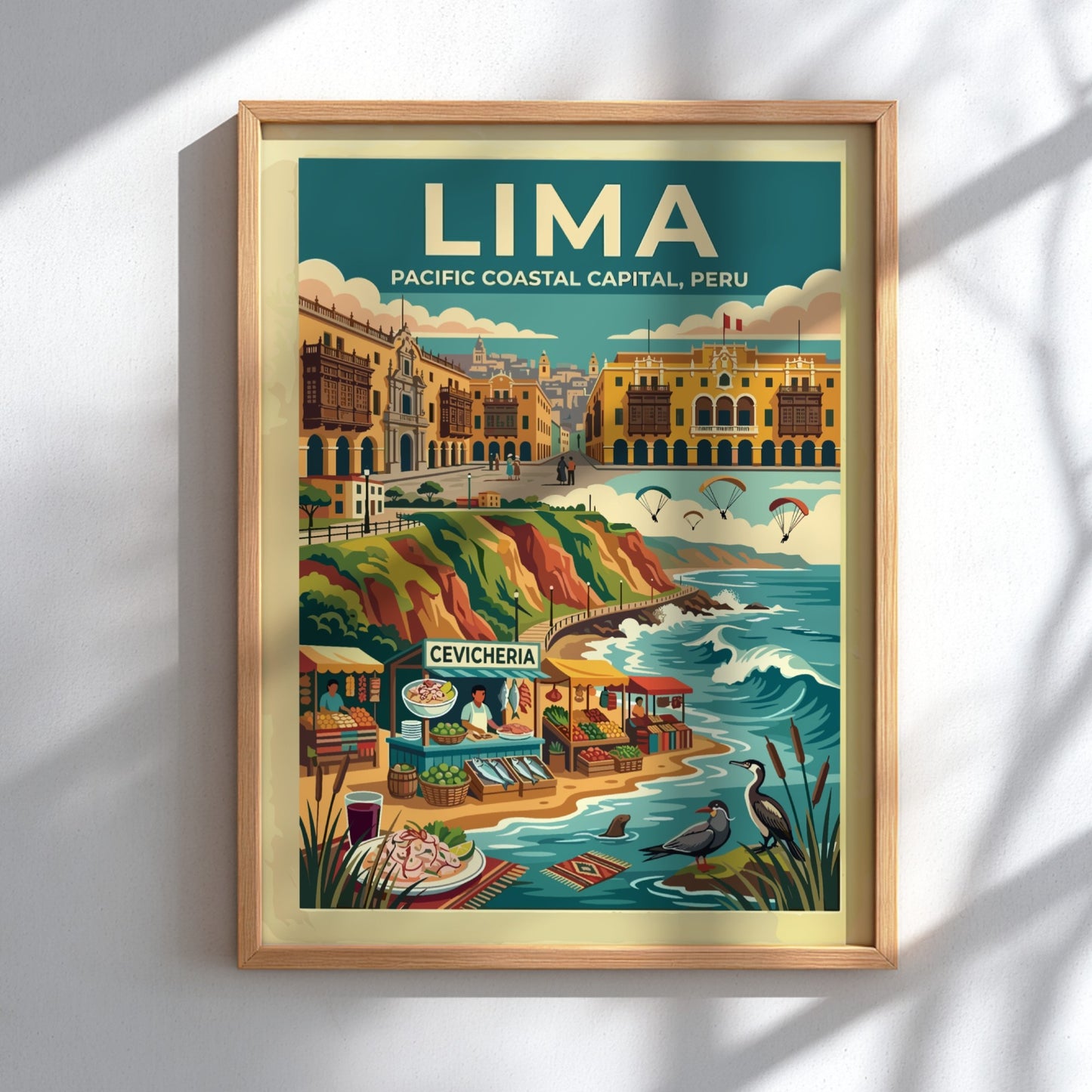 Travel poster of Lima Peru featuring a coastal market, paragliders, and historic architecture.