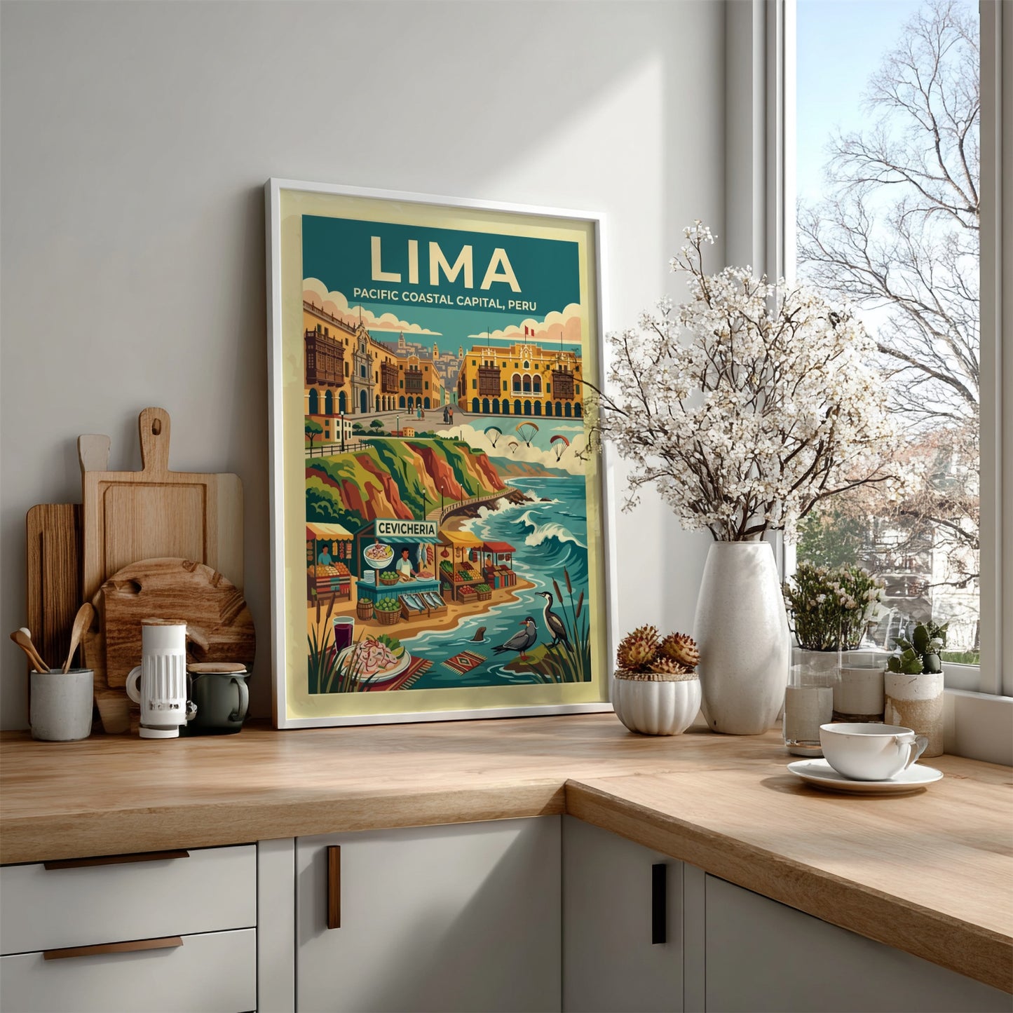 Travel poster of Lima Peru featuring a coastal market, paragliders, and historic architecture.