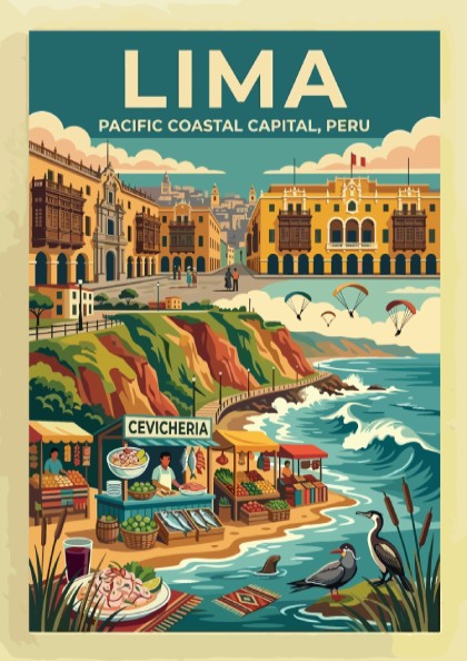 Travel poster of Lima Peru featuring a coastal market, paragliders, and historic architecture.