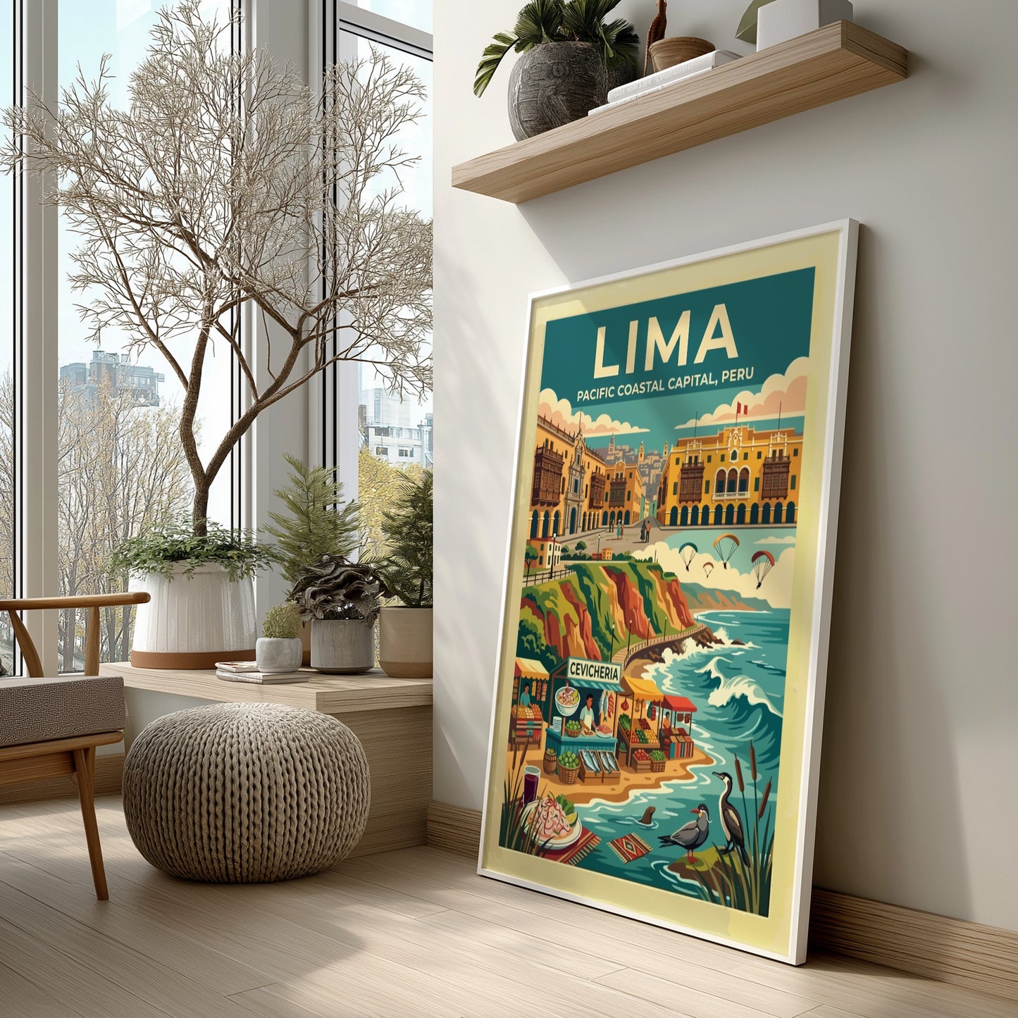 Travel poster of Lima Peru featuring a coastal market, paragliders, and historic architecture.