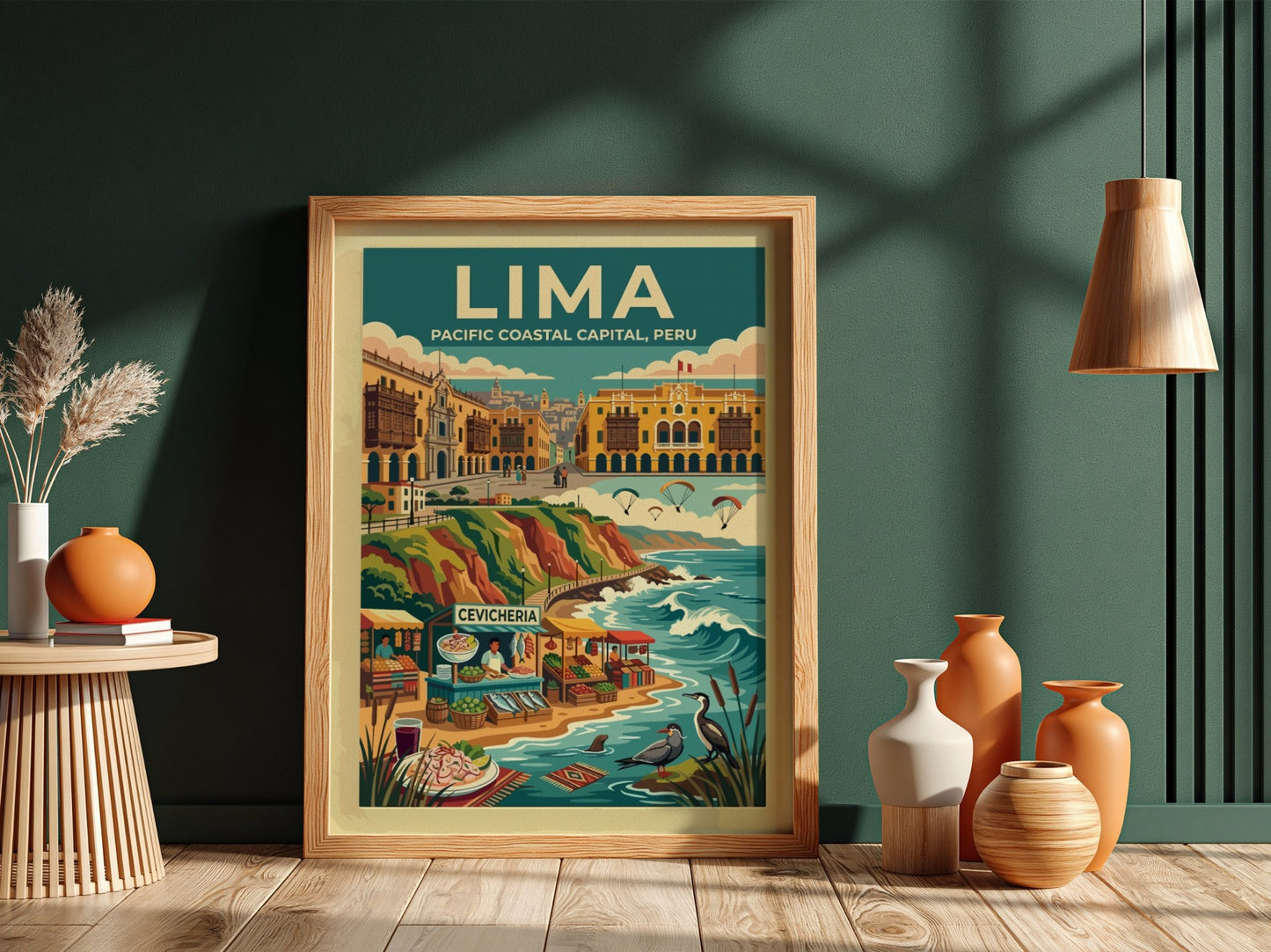 Travel poster of Lima Peru featuring a coastal market, paragliders, and historic architecture.