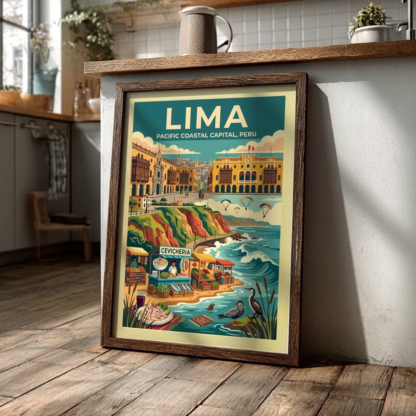 Travel poster of Lima Peru featuring a coastal market, paragliders, and historic architecture.