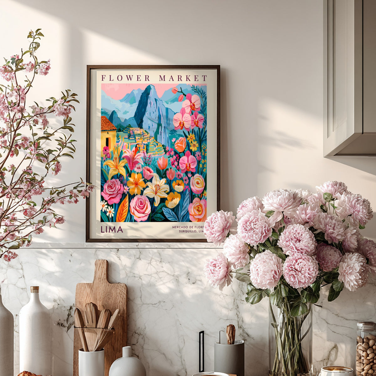 Flower market poster featuring vibrant flowers and Machu Picchu, colorful botanical wall art