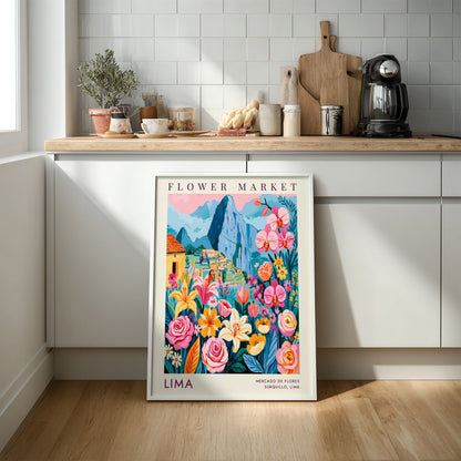 Flower market poster featuring vibrant flowers and Machu Picchu, colorful botanical wall art