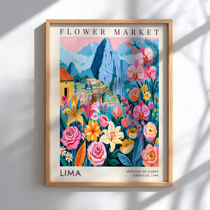 Flower market poster featuring vibrant flowers and Machu Picchu, colorful botanical wall art