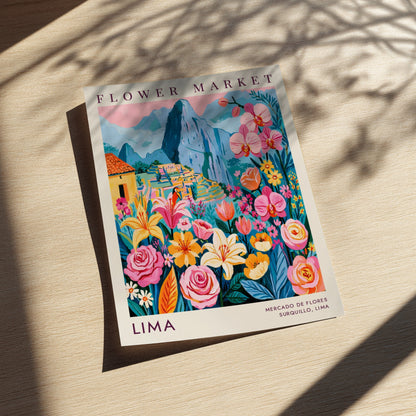Flower market poster featuring vibrant flowers and Machu Picchu, colorful botanical wall art