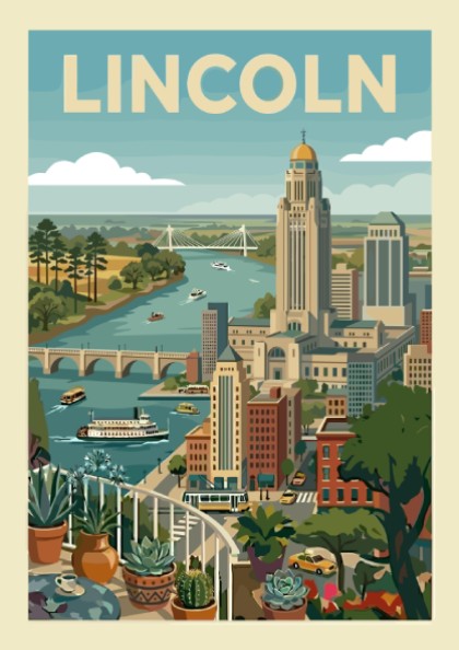 Mid-century modern art print of the Lincoln cityscape with a river and bridges, in a retro style.