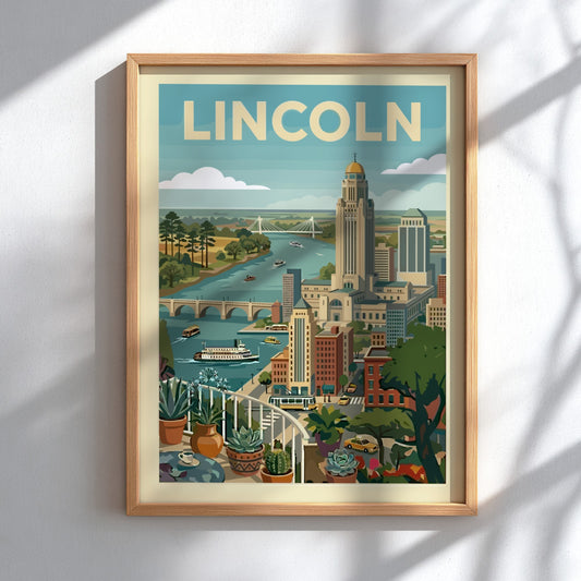 Mid-century modern art print of the Lincoln cityscape with a river and bridges, in a retro style.
